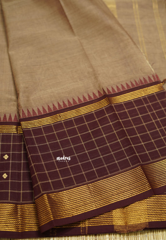 Korvai silk cotton coffee brown traditional checks border