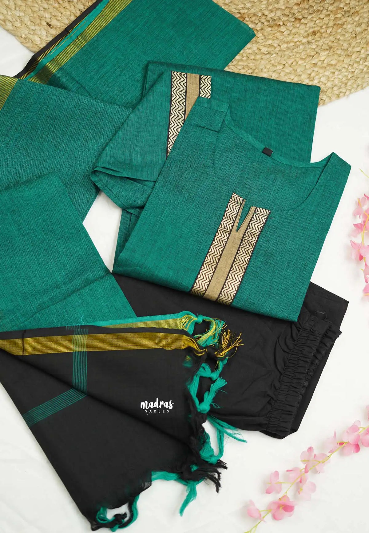 Ghilli Trisha dhanalakshmi South cotton handloom 3 piece kurti set teal blue