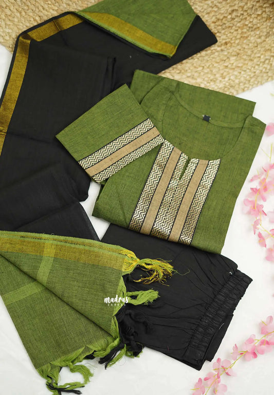 Ghilli Trisha dhanalakshmi South cotton handloom 3 piece kurti set olive green