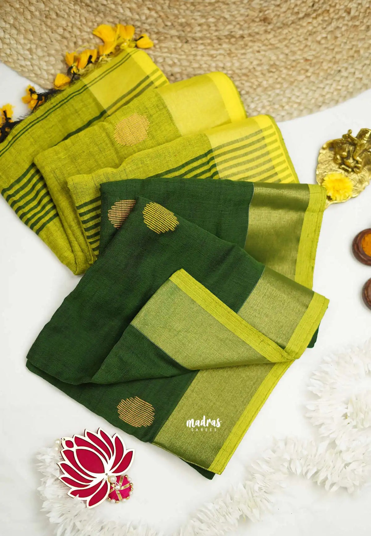 kannamma  Handwoven Ballbutta linen Bottle green with yellow pallu - Madras Sarees 