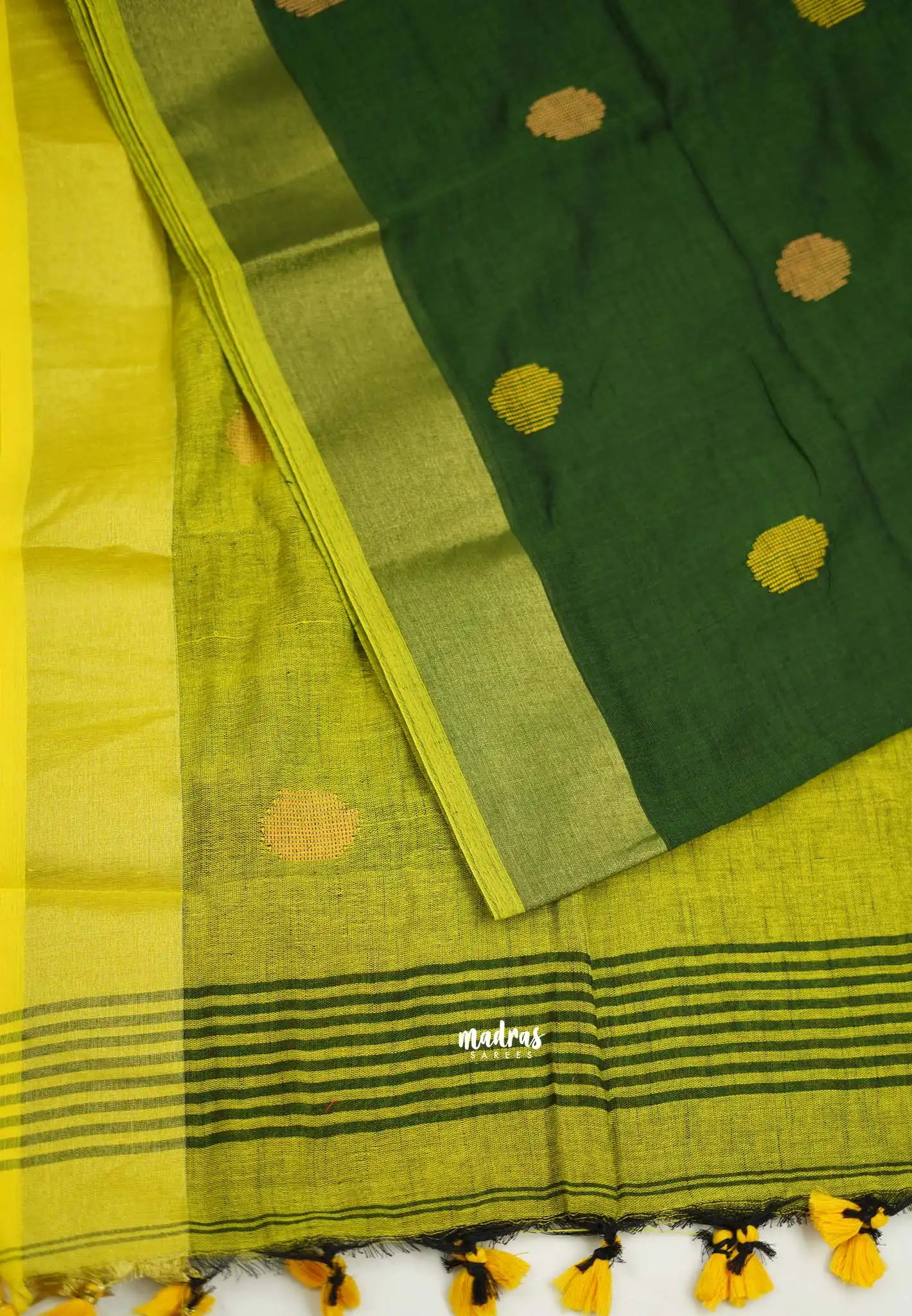 kannamma  Handwoven Ballbutta linen Bottle green with yellow pallu - Madras Sarees 