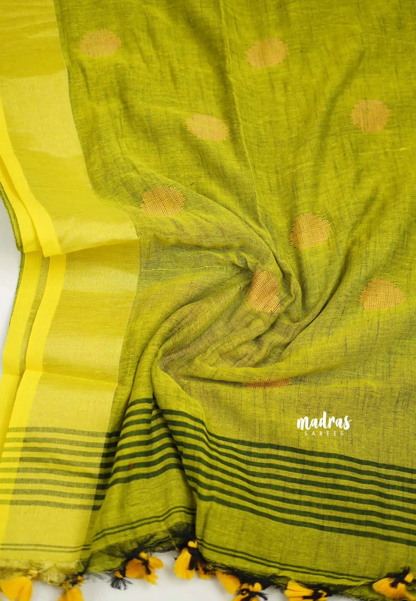 kannamma  Handwoven Ballbutta linen Bottle green with yellow pallu - Madras Sarees 