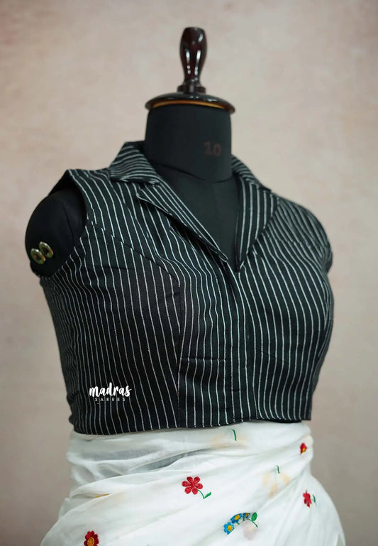 Aazhi - Sleeveless shirt collar blouse - Black with white stripes