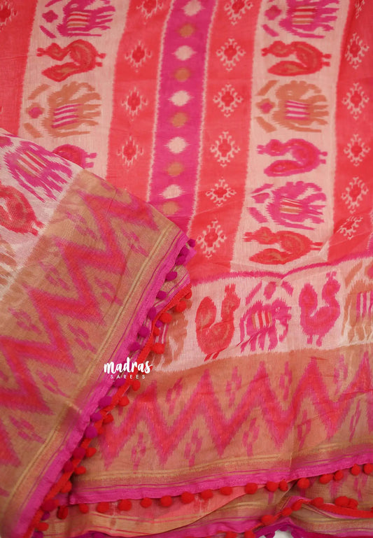 Isha chanderi cotton pompom Peach with pink