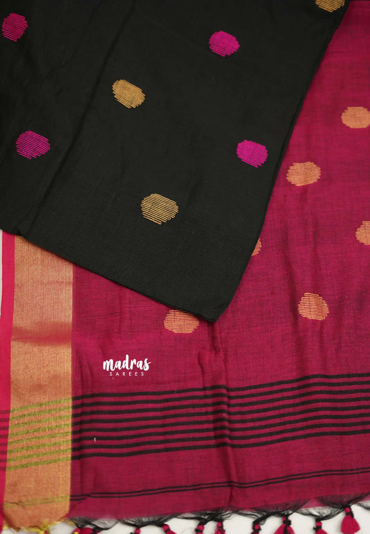 kannamma Handwoven Ballbutta linen Black with pink pallu