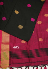 kannamma Handwoven Ballbutta linen Black with pink pallu