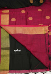 kannamma Handwoven Ballbutta linen Black with pink pallu