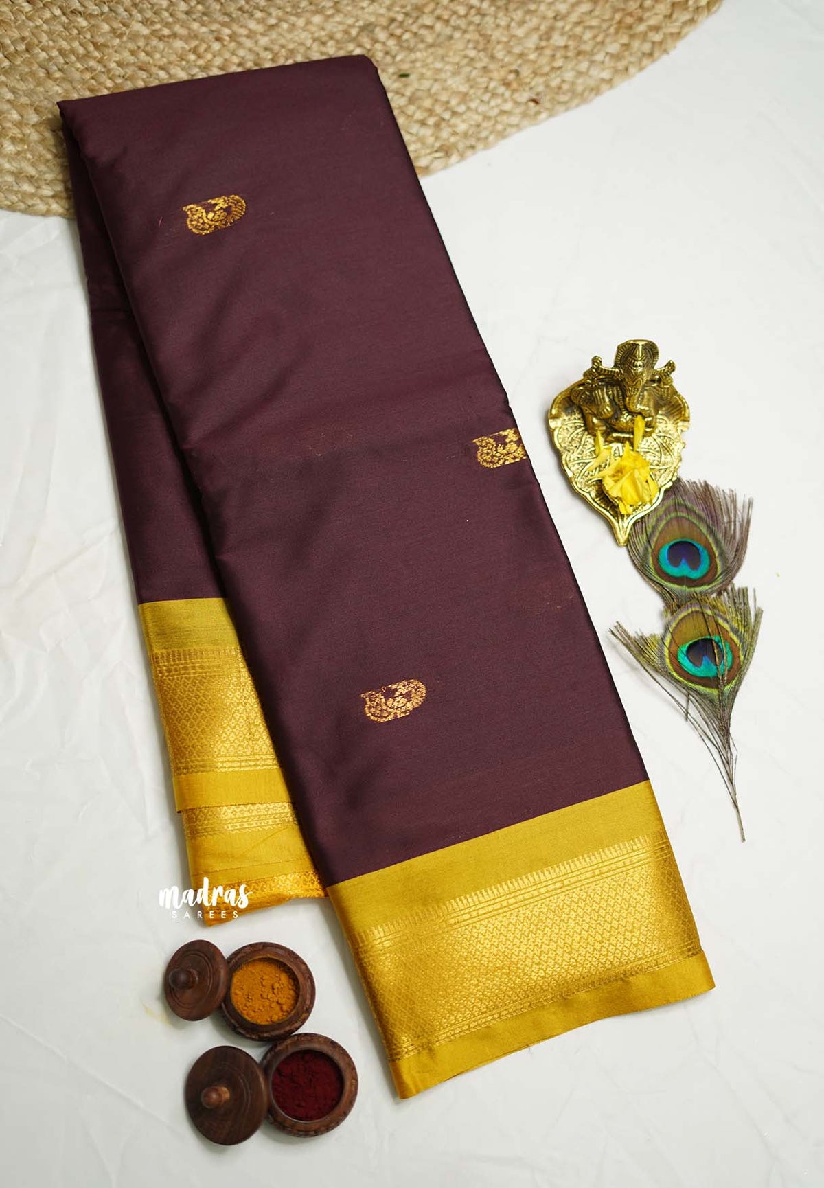 Sico Gadwal semi silk brown body with yellow border saree