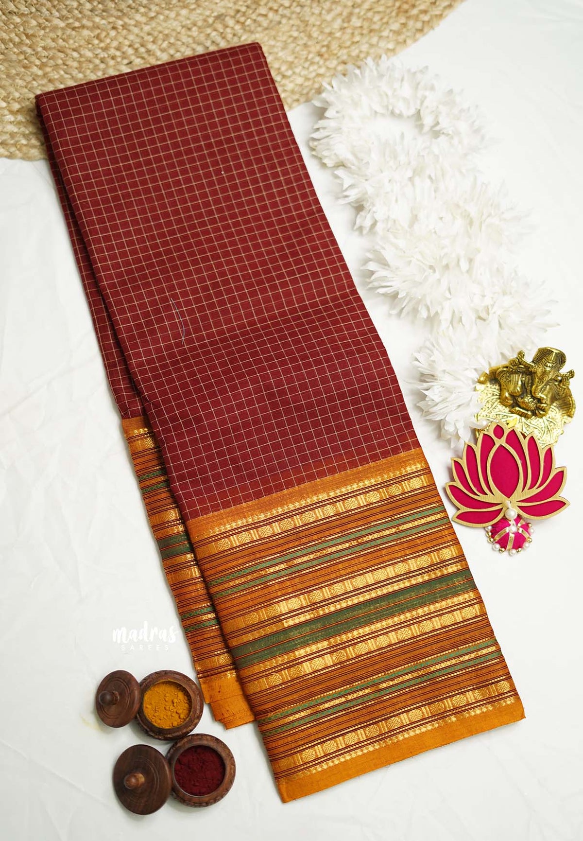 Narayanpet cotton Rudraksham big border with checks body maroon color