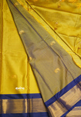 Sico Gadwal semi silk yellow body with dark blue border saree