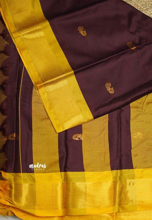 Sico Gadwal semi silk brown body with yellow border saree