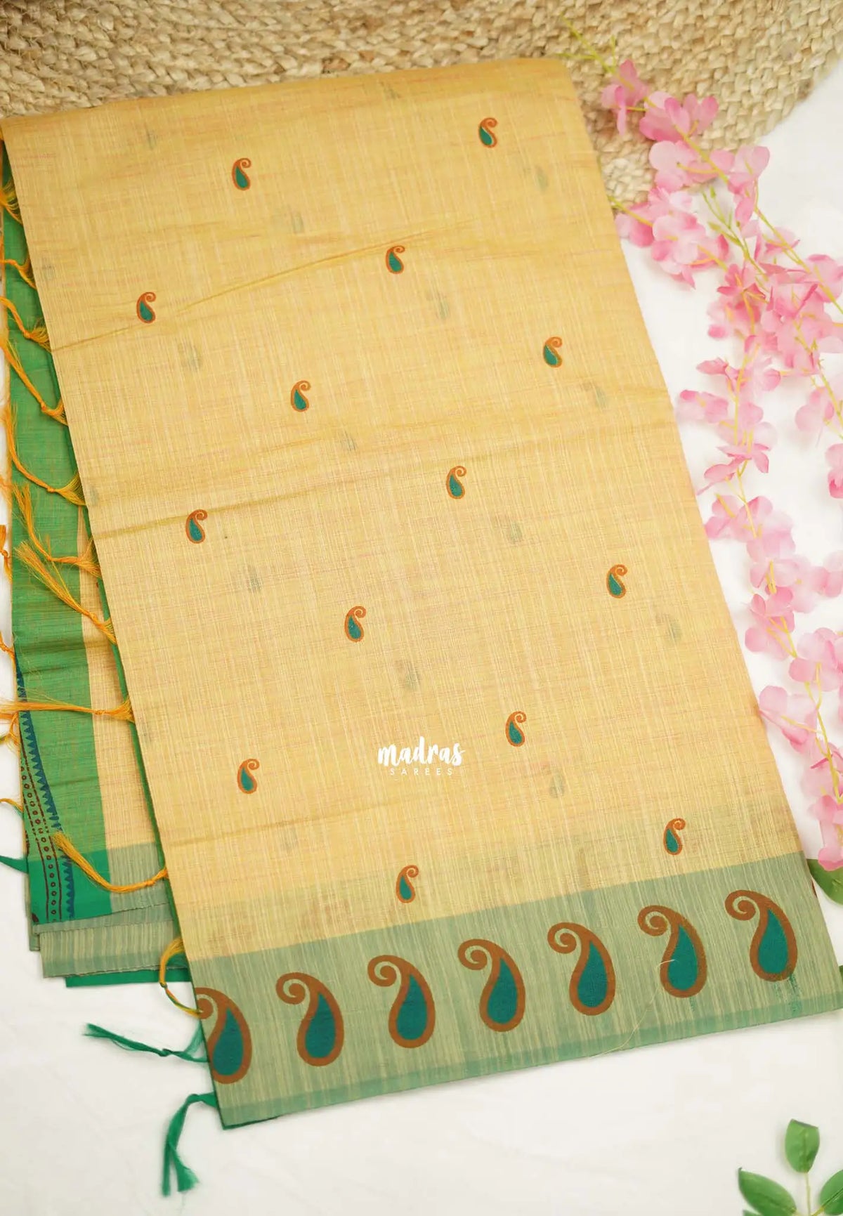 Soft Slub cotton saree sandal color with mango border