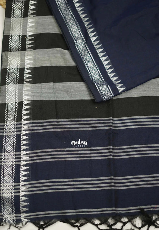 Paavai khadi small border Dark Blue