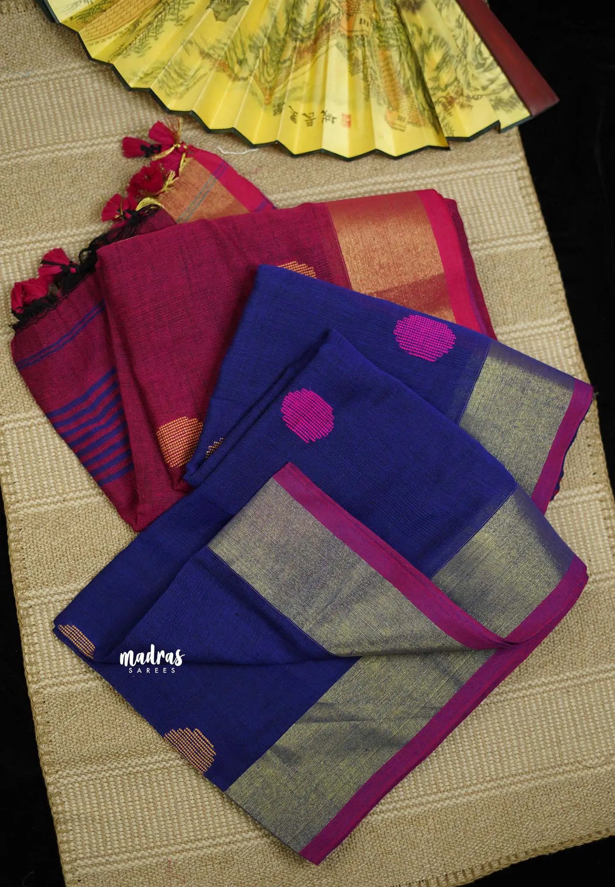 kannamma Handwoven Ballbutta linen blue with pink pallu golden border - Madras Sarees 