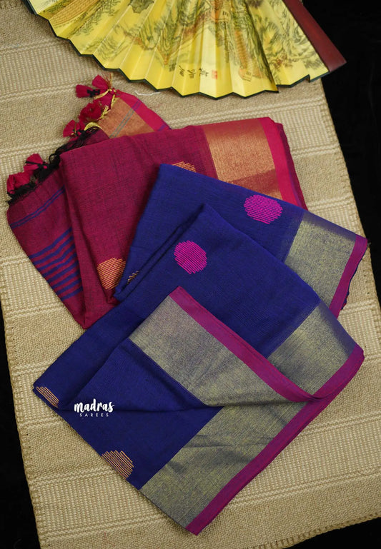 kannamma Handwoven Ballbutta linen blue with pink pallu golden border - Madras Sarees 