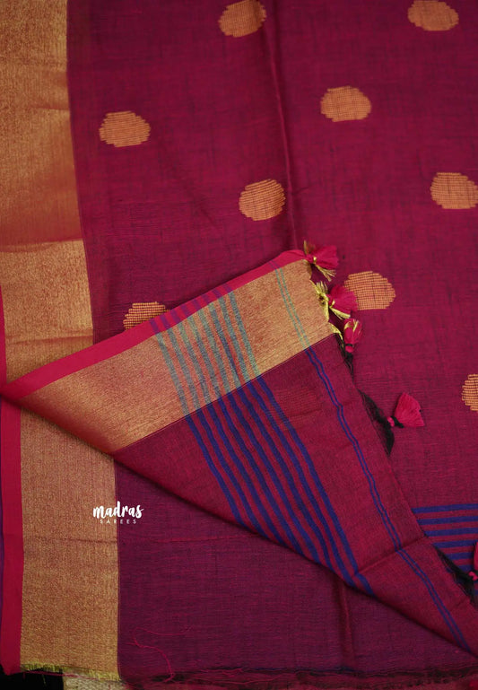 kannamma Handwoven Ballbutta linen blue with pink pallu golden border - Madras Sarees 