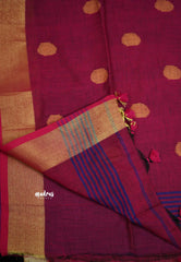 kannamma Handwoven Ballbutta linen blue with pink pallu golden border - Madras Sarees 