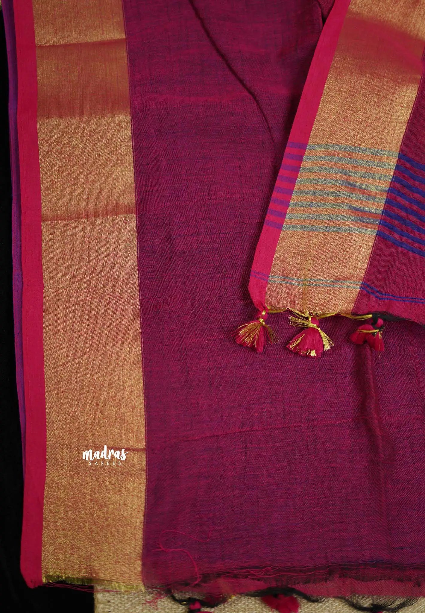kannamma Handwoven Ballbutta linen blue with pink pallu golden border - Madras Sarees 