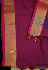 kannamma Handwoven Ballbutta linen blue with pink pallu golden border - Madras Sarees 