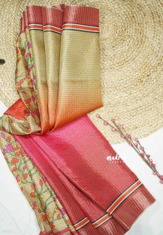 Zara Malgudi Fusion printed silk gradient - Tri shade pink and beige