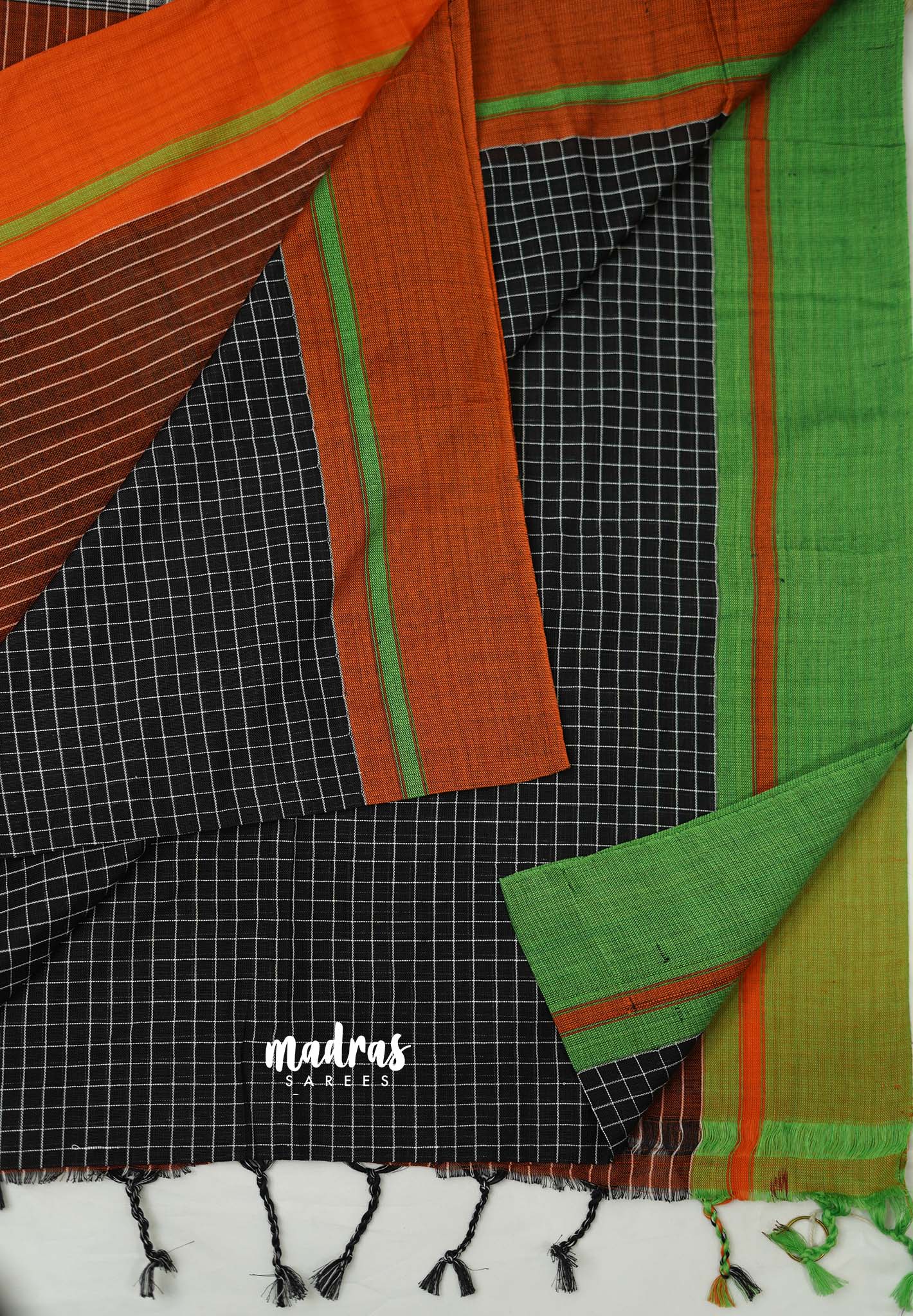 Patteda Anchu saree Black with Green and Orange Ganga Jamuna border - Madras Sarees 