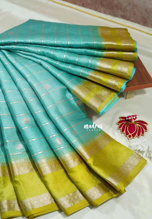 Turquoise blue - Banarasi soft katan silk zari lines weaving with rettapet border - Durga