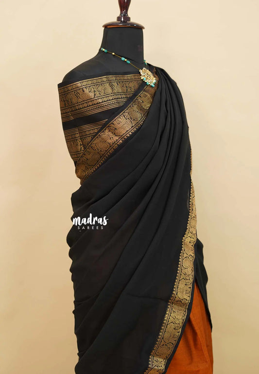 Brownish Orange with Black - Karthigai Silk Cotton Pavadai Thavani / Half saree Set - Unstitched - Devasena