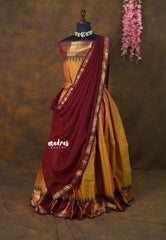 Dual Shade Golden Mustard with Maroon - Karthigai Silk Cotton Pavadai Thavani / Half saree Set - Unstitched - Devasena - Perfect for Festive Functions