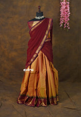 Dual Shade Golden Mustard with Maroon - Karthigai Silk Cotton Pavadai Thavani / Half saree Set - Unstitched - Devasena - Perfect for Festive Functions