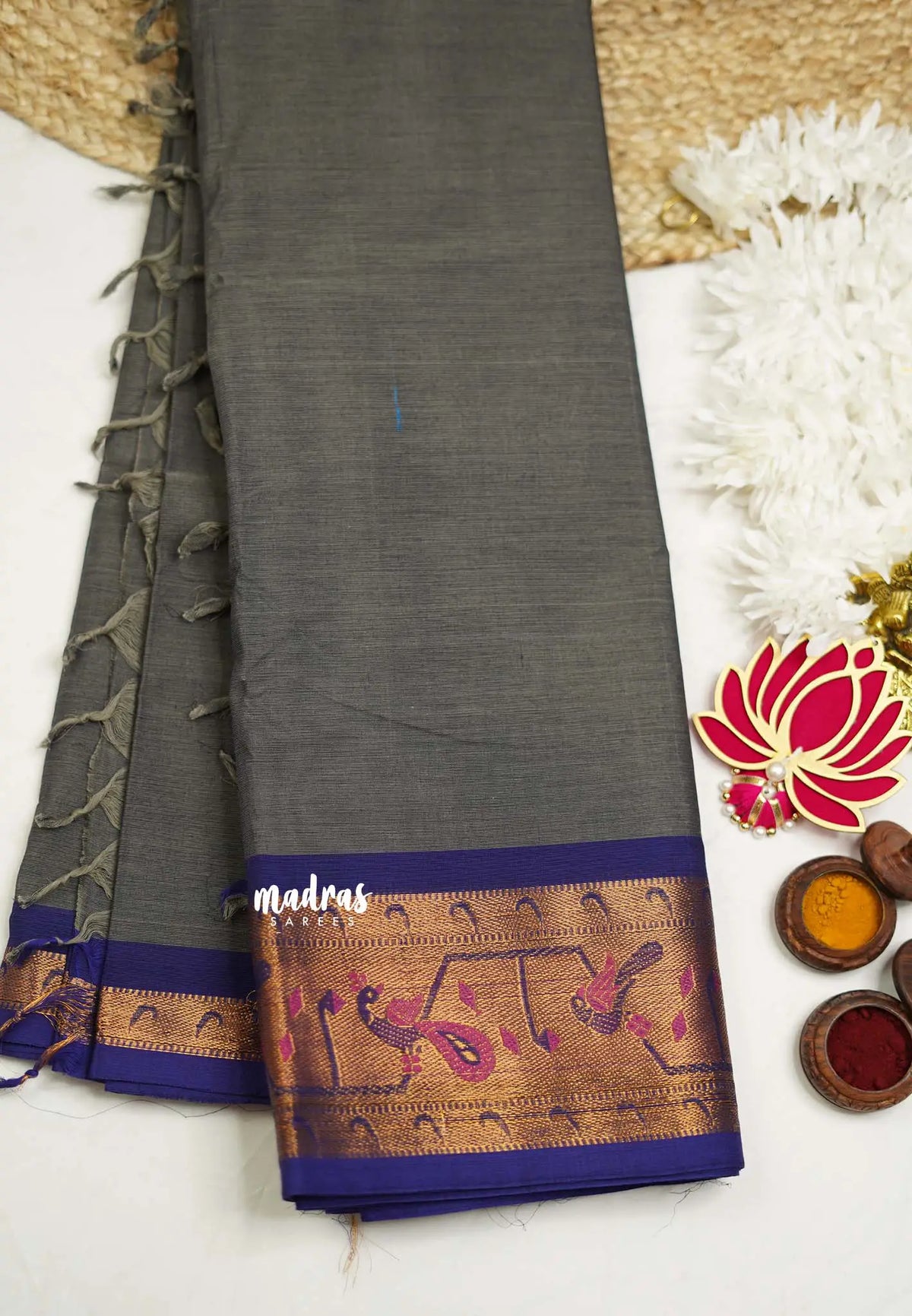 Devayani Grey silk cotton -  Rich weaving Paithani border