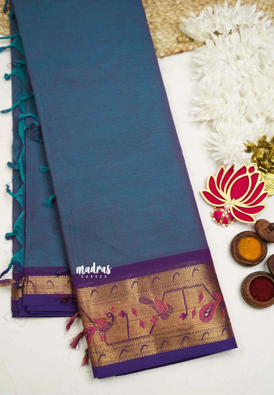 Devayani blue dual shade silk cotton -  Rich weaving Paithani border