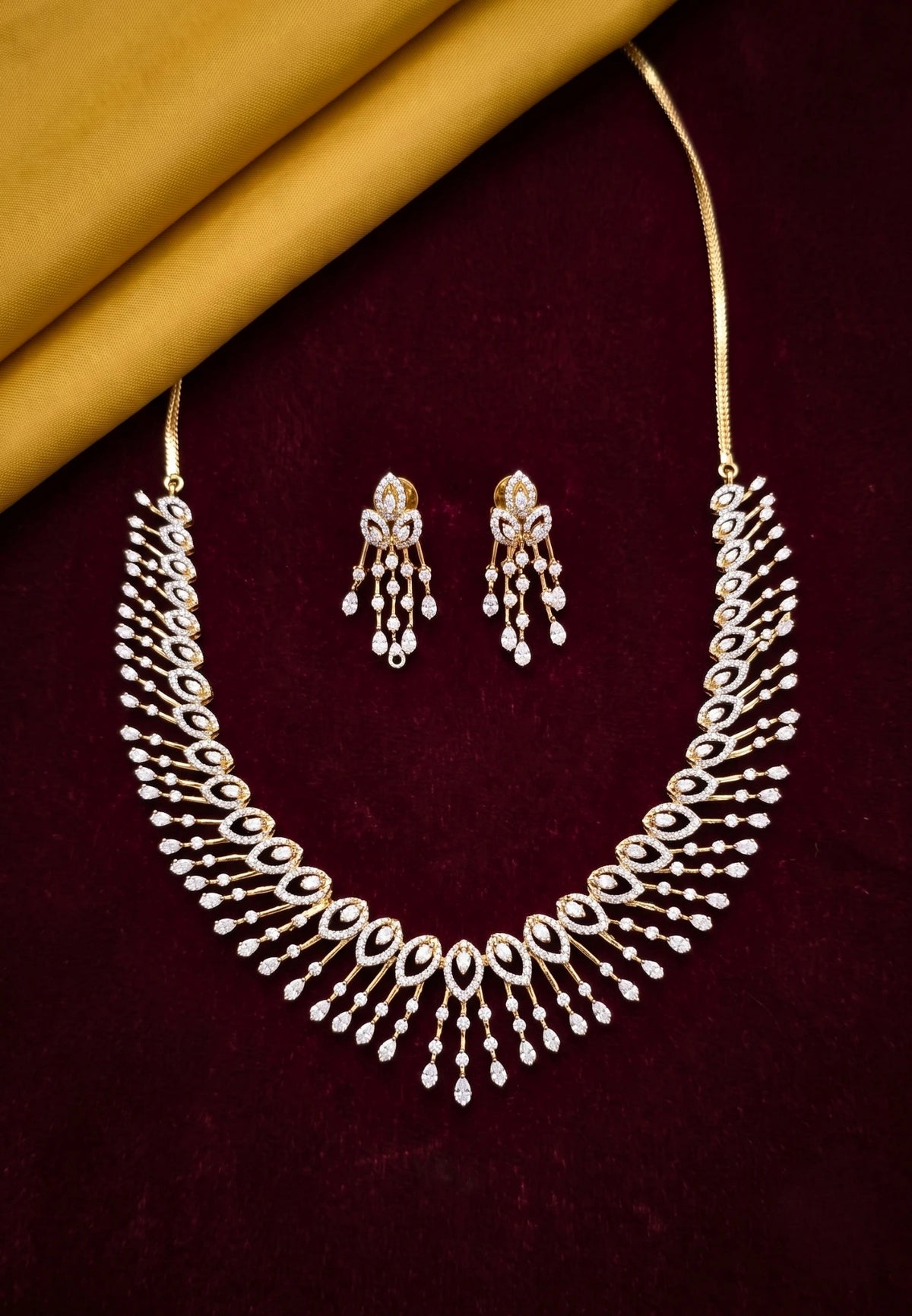 Moksha - Pure Silver Diamond Necklace Set with Matching Earrings | Real Gold Finish | Designer Bridal Jewellery for Women