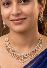Moksha - Pure Silver Diamond Necklace Set with Matching Earrings | Real Gold Finish | Designer Bridal Jewellery for Women