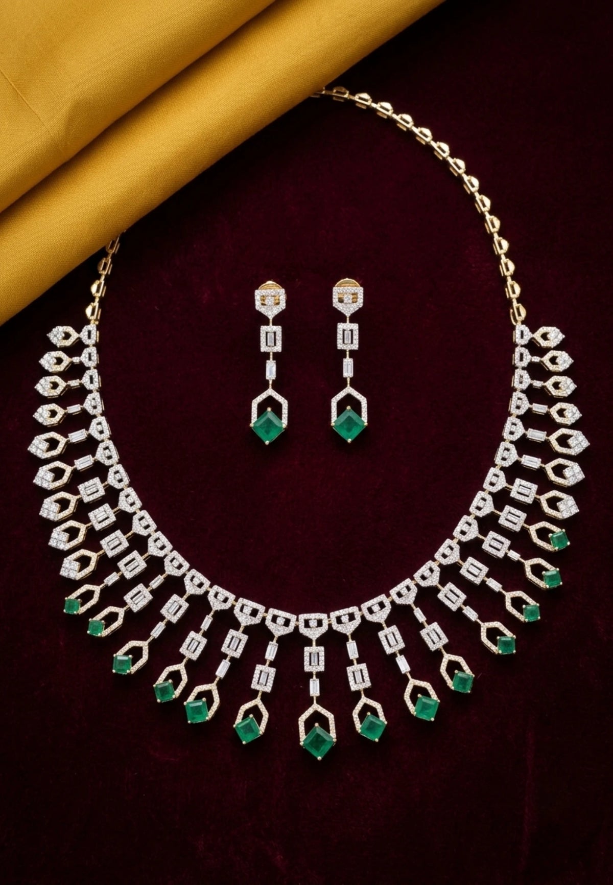 Moksha - Pure Silver Emerald Green Diamond Necklace Set with Matching Earrings | Real Gold Finish | Luxury Designer Bridal Jewellery for Women