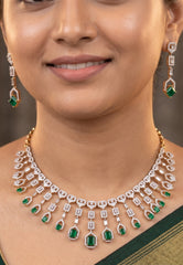 Moksha - Pure Silver Emerald Green Diamond Necklace Set with Matching Earrings | Real Gold Finish | Luxury Designer Bridal Jewellery for Women