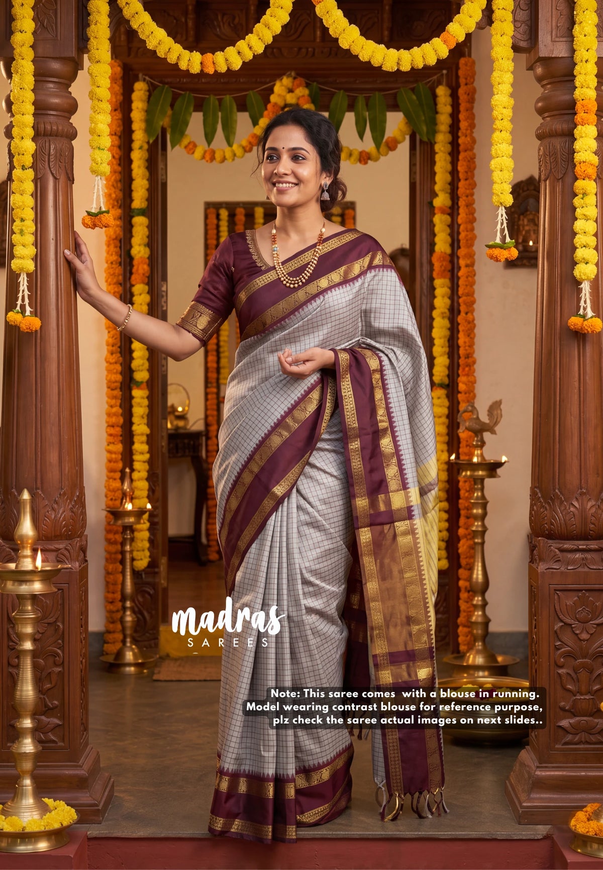 Dove Grey - Sico Gadwal Semi Silk Checks with Traditonal Rudraksham Border - Best for Wedding Functions | Temple Visit
