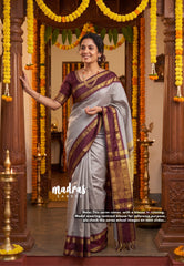 Dove Grey - Sico Gadwal Semi Silk Checks with Traditonal Rudraksham Border - Best for Wedding Functions | Temple Visit