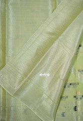 Pastel Lime Green - Durga - Banarasi Muslin Silk  Thread Weaving Body with Silver Zari Border - Perfect for Pooja Wear | Diwali Function