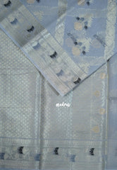 Bluish Grey - Durga - Banarasi Muslin Silk  Thread Weaving Body with Silver Zari Border - Perfect for Pooja Wear | Diwali Function