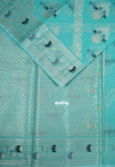 Turquoise Blue - Durga - Banarasi Muslin Silk  Thread Weaving Body with Silver Zari Border - Perfect for Pooja Wear | Diwali Function