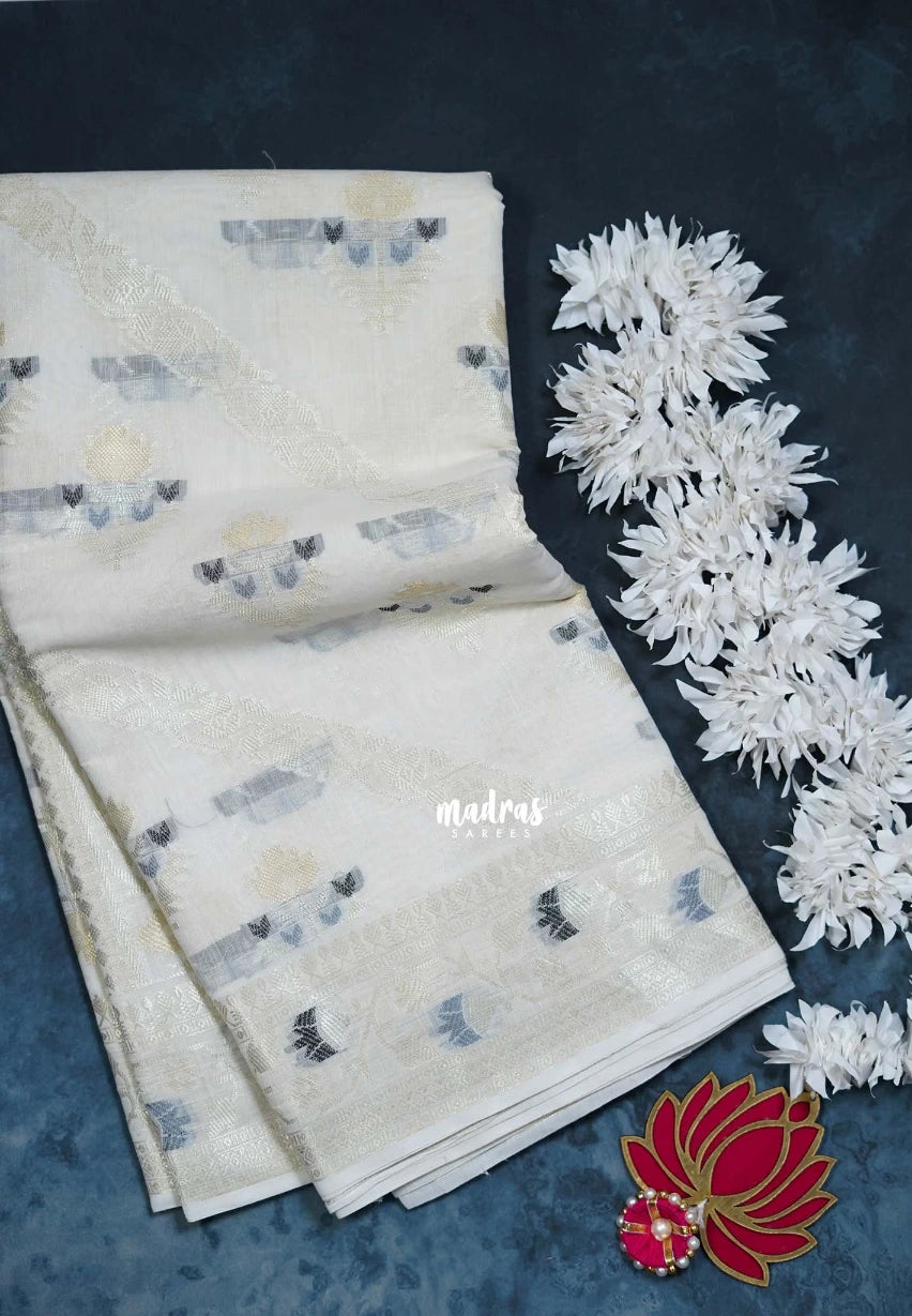 Creamy Ivory Beige - Durga - Banarasi Muslin Silk  Thread Weaving Body with Silver Zari Border - Perfect for Pooja Wear | Diwali Function