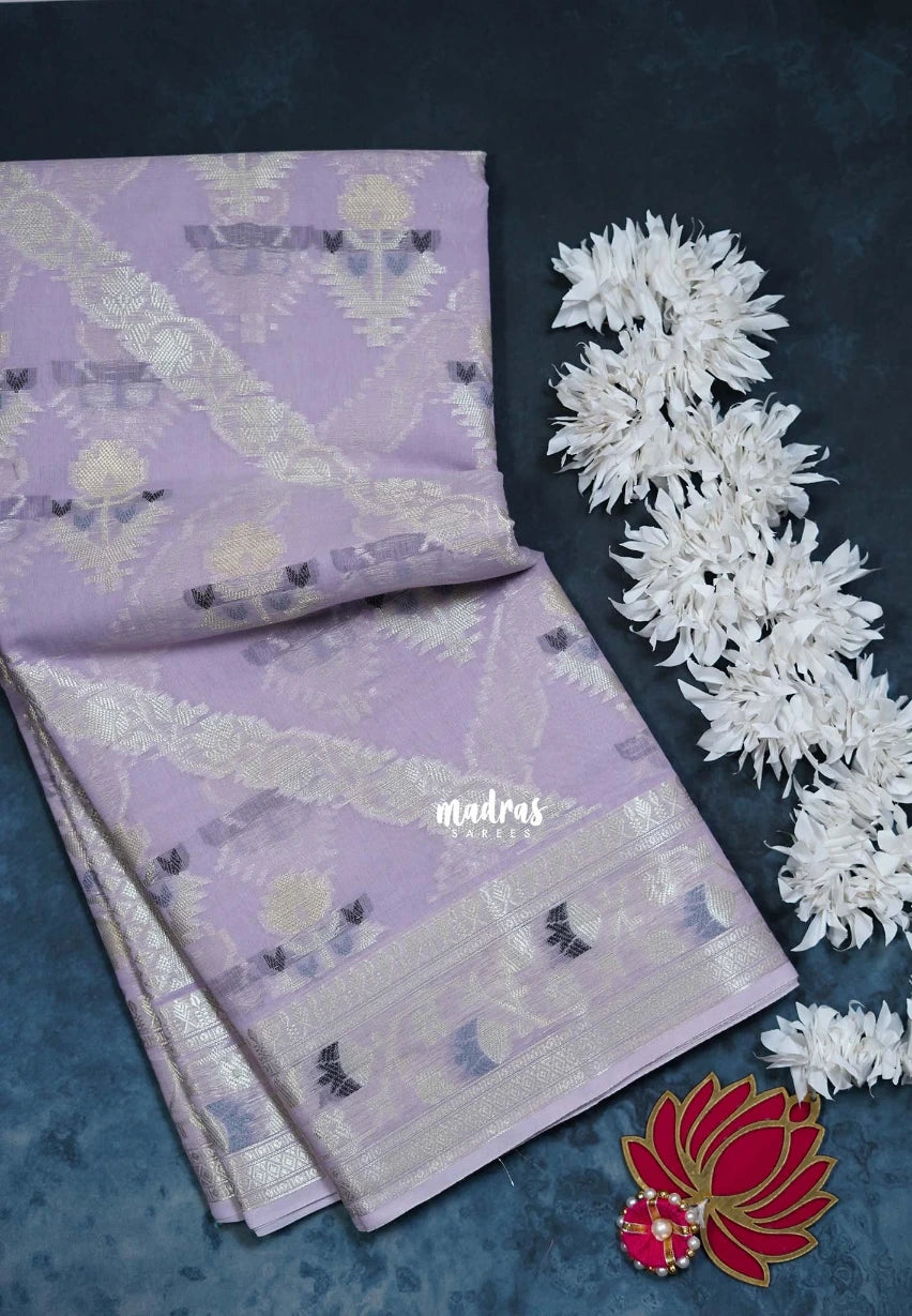 Pastel Lavender - Durga - Banarasi Muslin Silk  Thread Weaving Body with Silver Zari Border - Perfect for Pooja Wear | Diwali Function