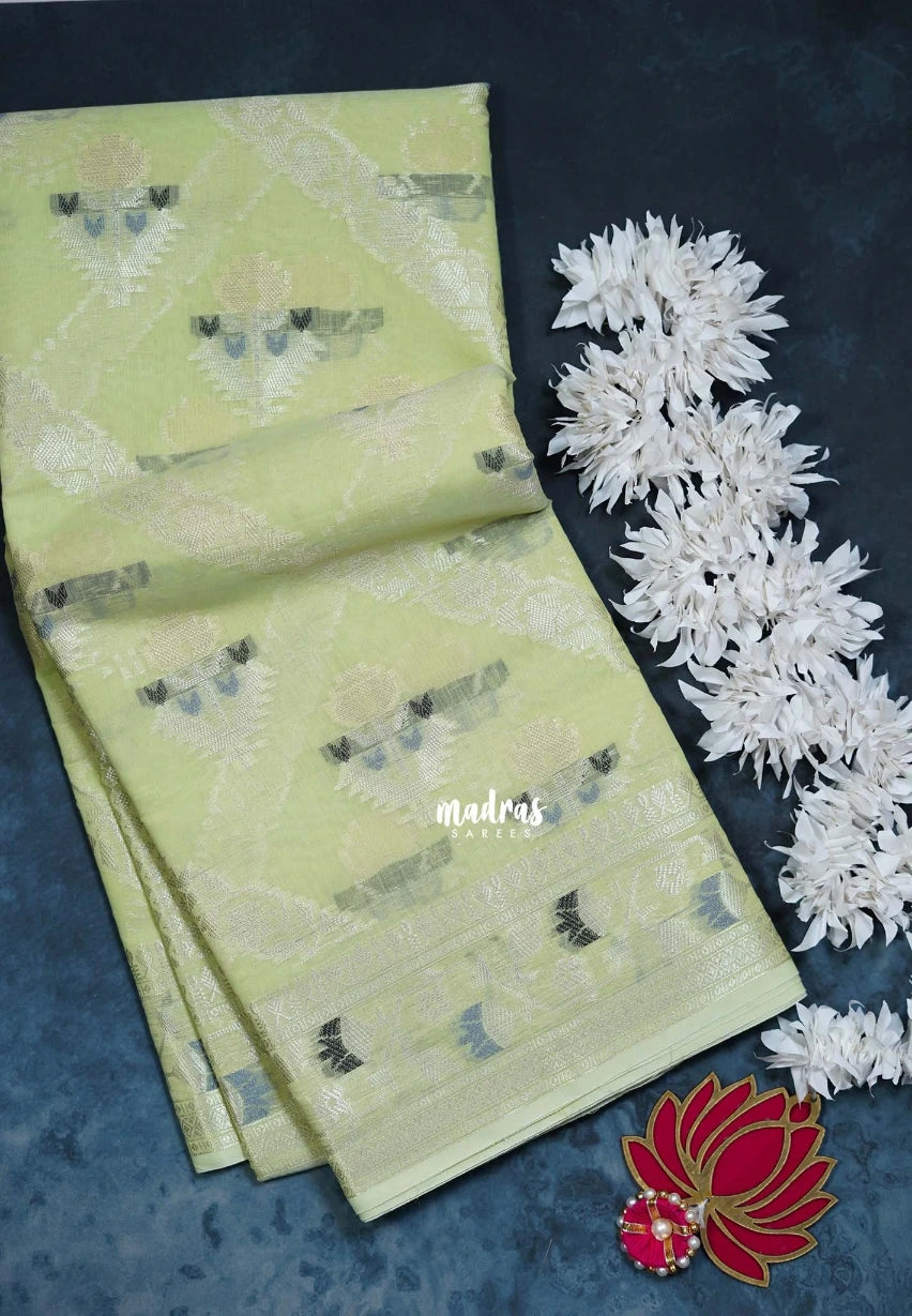 Pastel Lime Green - Durga - Banarasi Muslin Silk  Thread Weaving Body with Silver Zari Border - Perfect for Pooja Wear | Diwali Function