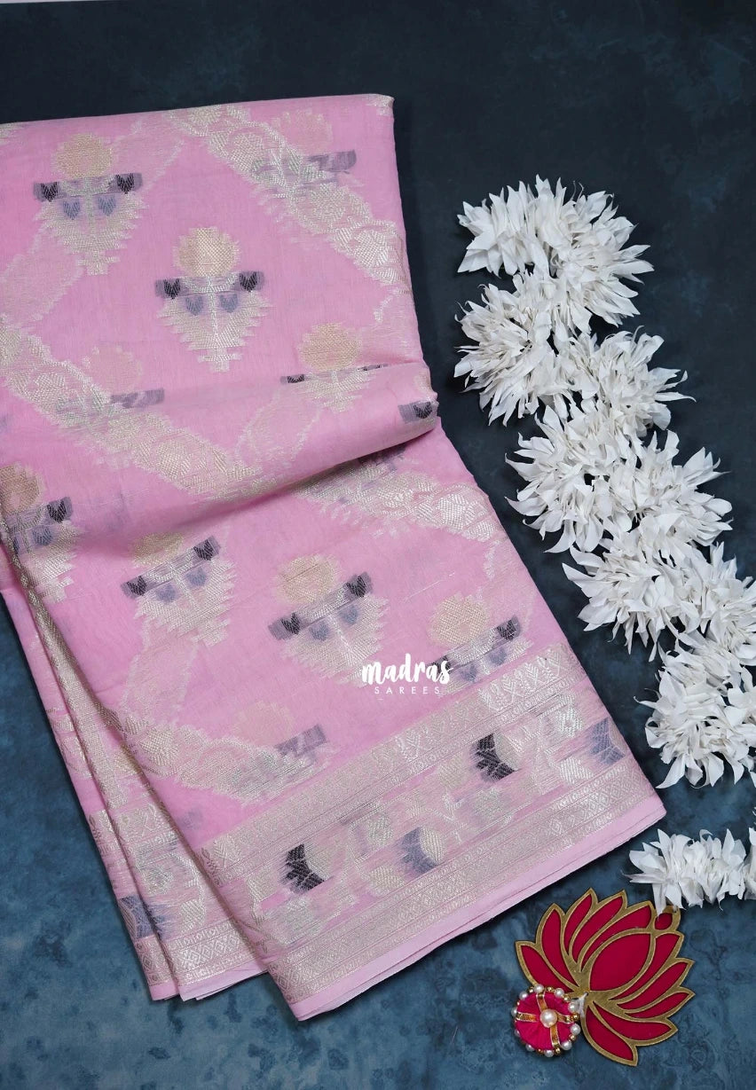 Rose Petal Pink - Durga - Banarasi Muslin Silk  Thread Weaving Body with Silver Zari Border - Perfect for Pooja Wear | Diwali Function