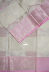 Creamy Ivory Beige - Durga - Banarasi Muslin Silk  Thread Weaving Body with Silver Zari Border - Perfect for Pooja Wear | Diwali Function