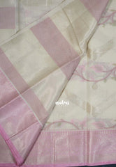 Creamy Ivory Beige - Durga - Banarasi Muslin Silk  Thread Weaving Body with Silver Zari Border - Perfect for Pooja Wear | Diwali Function