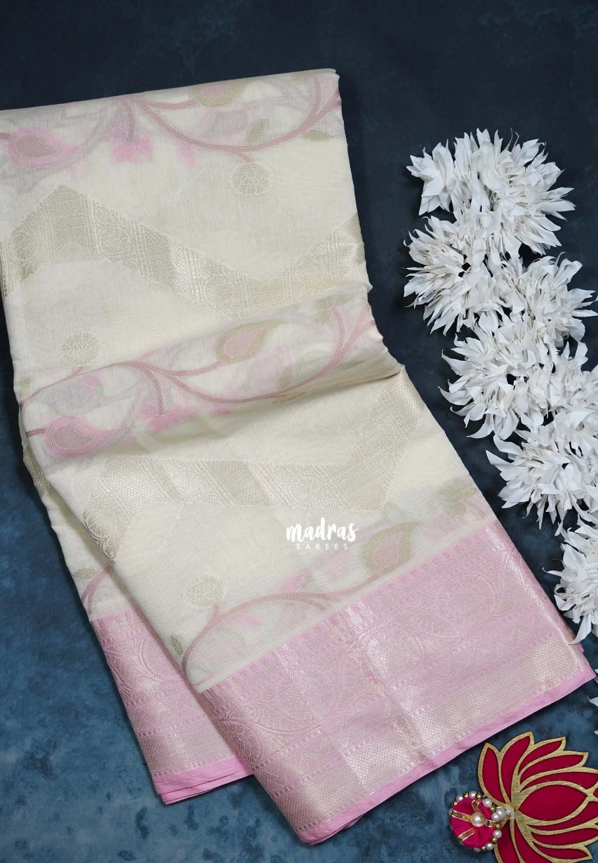 Creamy Ivory Beige - Durga - Banarasi Muslin Silk  Thread Weaving Body with Silver Zari Border - Perfect for Pooja Wear | Diwali Function