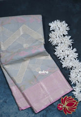 Pastel Bluish Grey - Durga - Banarasi Muslin Silk  Thread Weaving Body with Silver Zari Border - Perfect for Pooja Wear | Diwali Function