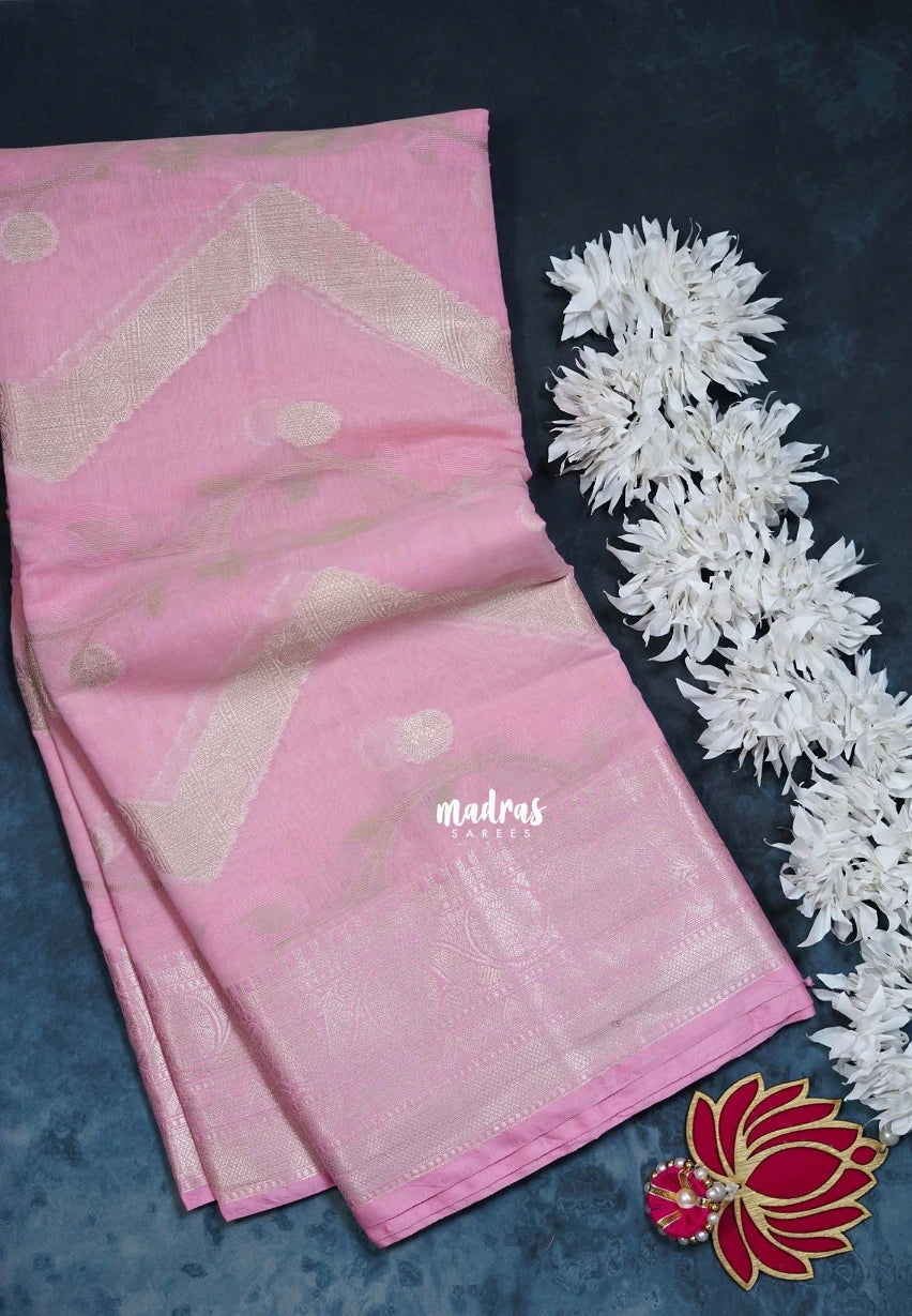 Rose Petal Pink - Durga - Banarasi Muslin Silk  Thread Weaving Body with Silver Zari Border - Perfect for Pooja Wear | Diwali Function