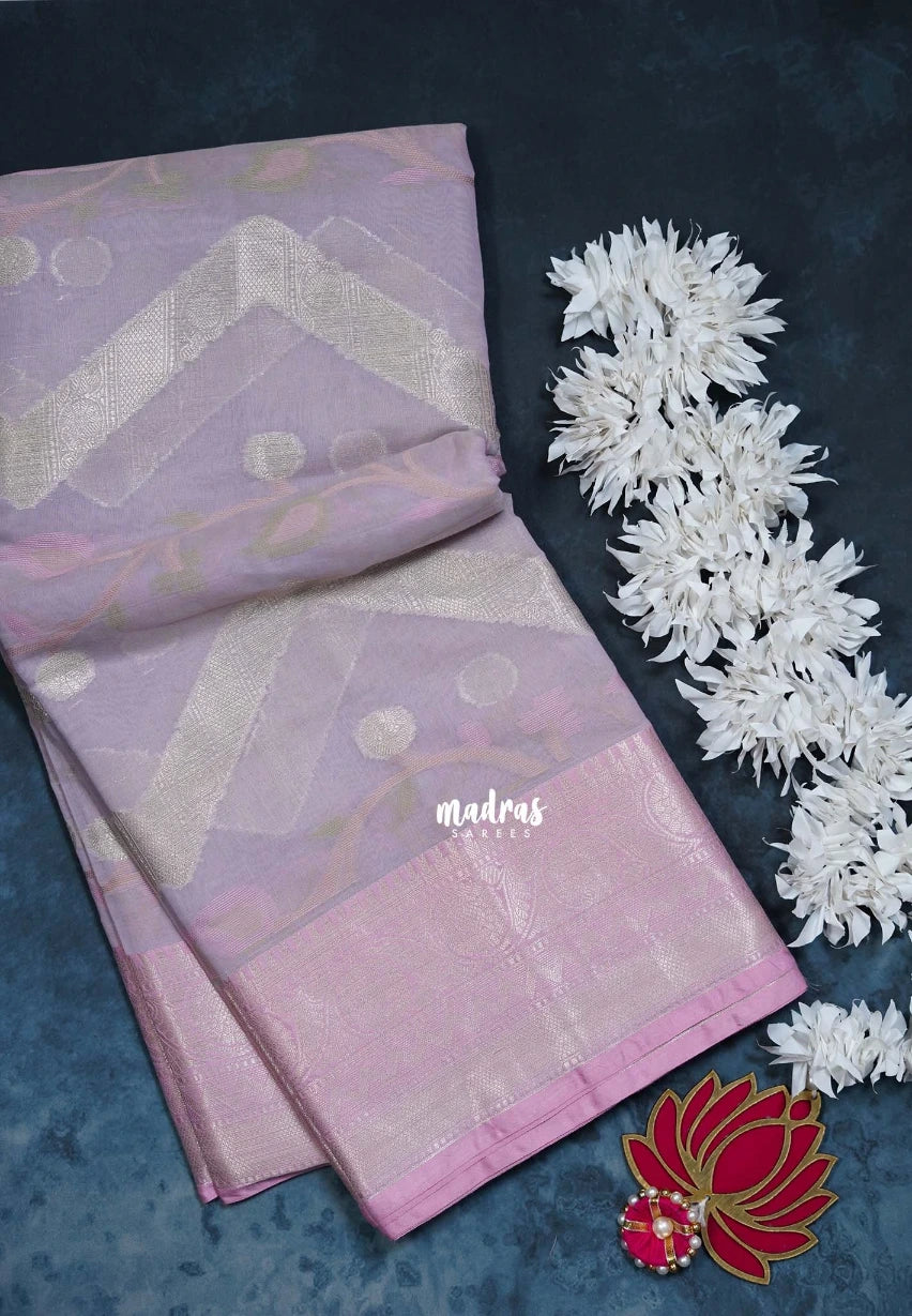 Pastel Lilac - Durga - Banarasi Muslin Silk  Thread Weaving Body with Silver Zari Border - Perfect for Pooja Wear | Diwali Function